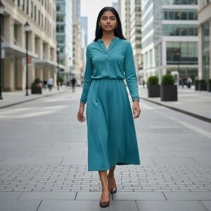 Vintage Sears Teal Green Polyester Wool Blend Long Sleeve Secretary Dress Size 1